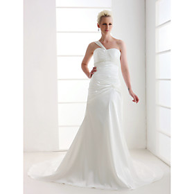 Sheath/ Column One Shoulder Court Train Satin Wedding Dress