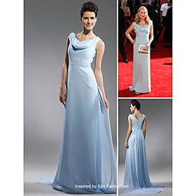 Kim Kardashian Sheath/ Column V-neck Sweep/ Brush Train Chiffon Elastic Woven Satin Emmy Dress/ Evening Dress (FSD0347)