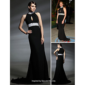 Kim Cattrall Trumpet/ Mermaid High Neck Sweep/ Brush Train Sleeveless Elastic satin Sex and the City Dress (FSL0772)