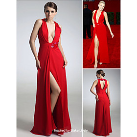 Blake Lively Sheath/ Column V-neck Asymetrical Chiffon Elastic Silk-like Satin Emmy Dress/ Evening Dress (FSD0361)