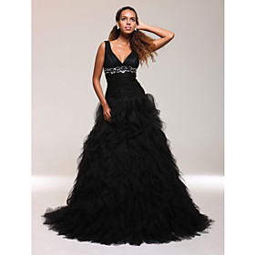 A-line V-neck Floor-length Satin Tulle Evening Dress