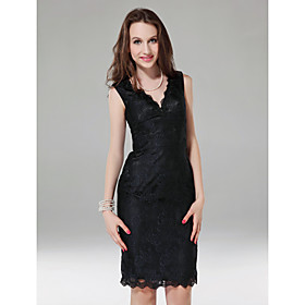 Sheath/ Column V-neck Knee-length Lace Cocktail Dress