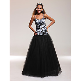 A-line Spaghetti Straps Floor-length Satin Tulle Print Evening Dress
