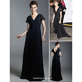 A-line V-neck Floor-length Batwing Sleeve Chiffon Elastic Woven Satin Taylor Swift Dresses / Evening Dresses (FSD0323)