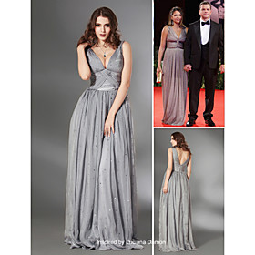 Luciana Damon Sheath / Column V-neck Sweep / Brush Train Chiffon Evening Dress (FSM04321)