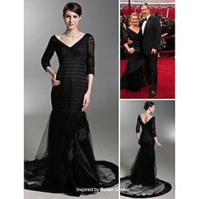 Susan Geston Trumpet / Mermaid V-neck Sweep / Brush Train 3/4-Length Satin Oscar/ Evening Dress (FSM0666)