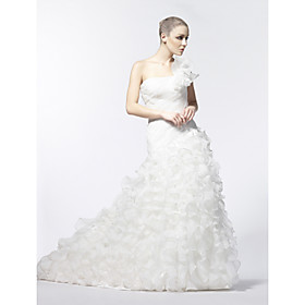 A-line Strapless Court Train Organza Satin Wedding Dress