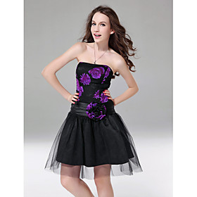 A-line Strapless Short/ Mini Tulle Satin Cocktail Dress