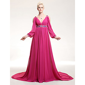 A-line V-neck Empire Chapel Train Chiffon Evening Dress