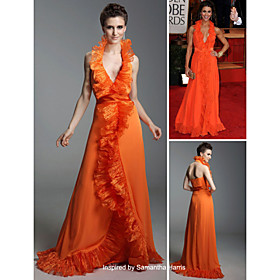 Samantha Harris A-line Halter Floor-length Sleeveless Elastic satin/ Organza Golden Globe/ Evening Dress (FSH0585)