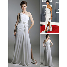 Sheath/ Column One Shoulder Sweep/ Brush Train Sleeveless Chiffon/ Elastic satin Ruffles Grammy Dress (FSH0625)