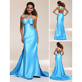 Sheath/ Column V-neck Watteau Train Elastic Silk-like Satin Evening/ Prom Dress