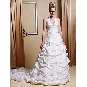 Ball Gown Halter Chapel Train Taffeta Pick-up Wedding Dress (WSM04120)
