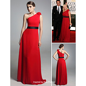 Amy Poehler Sheath/ Column One Shoulder Floor-length Sleeveless Chiffon/ Elastic satin Golden Globe/ Evening Dress (FSH0597)