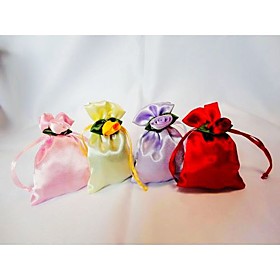 Satin Favor Bag With Flowers (Set of 12)