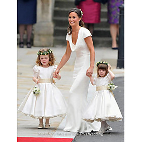 Ball Gown Jewel Tea-length Satin Flower Girl Dress Inspired by Kate and William's Royal Wedding