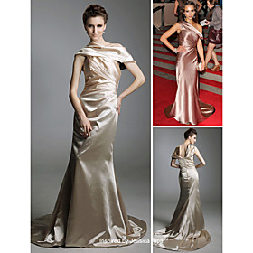 Jessica Alba Trumpet/ Mermaid One Shoulder Court Trains Sleeveless Elastic satin Met Ball/ Evening Dress (FSF0745)