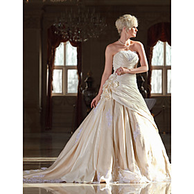 A-line Strapless Cathedral Train Taffeta Wedding Dress with Flowers