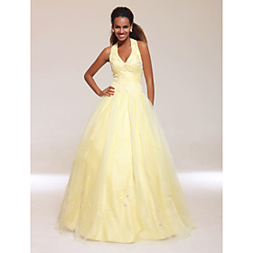 
	Ball Gown Halter Floor-length Applique Satin Organza Prom/ Evening Dress (HSX1071)	