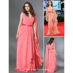 Violante Placido A-line V-neck Sweep / Brush Train Elastic Satin Evening Dress (FSH02320)