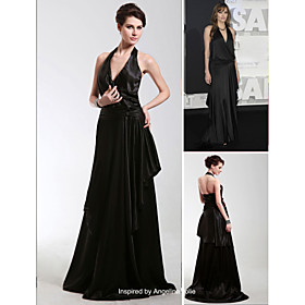 Angelina Jolie A-line Halter  Sweep / Brush Train Elastic satin Evening Dress (FSM04270)