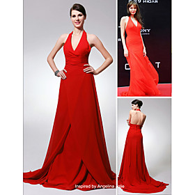 Angelina Jolie A-line Halter  Sweep / Brush Train Chiffon  Evening Dress (FSM04271)