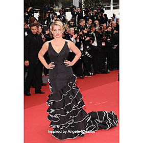 Satin Sheath/ Column V-neck Court Train Evening Dress inspired by Angela Ismailos