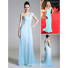 Jennifer Love Hewitt Empire One Shoulder Sweep/ Brush Train Capped Chiffon Matte Satin Emmy Dress/ Evening Dress (FSD0344)