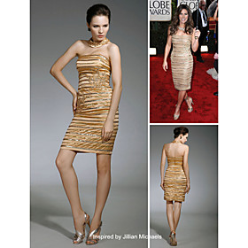 Jillian Michaels Sheath/ Column Strapless Knee-length Sleeveless Satin Golden Globe/ Evening Dress (FSM0561)