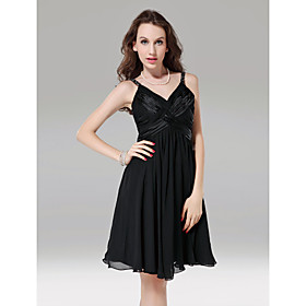 
	A-line Spaghetti Straps Short/ Mini Chiffon Elastic Woven Satin Cocktail Dress	