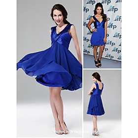 Nina Dobrev A-line V-neck Short/ Mini Chiffon Elastic Satin Cocktail Dress (FSA11411)