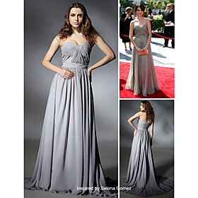 Selena Gomez Sheath/ Column Sweetheart Sweep/ Brush Train Chiffon Elastic Woven Satin Emmy Dress/ Evening Dress (FSD0339)