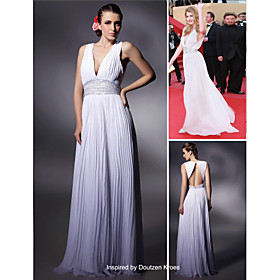 Doutzen Kroes A-line V-neck Floor-length Sleeveless Chiffon/ Elastic Satin Cannes Film Festival/ Evening Dress (FSF0808)