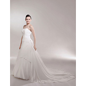 A-line / Princess Side-Draped Cathedral Train Luxury Wedding Dress With Beaded Appliques