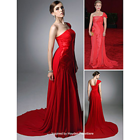 Hayden Panettiere Sheath/ Column One Shoulder Sweep/ Brush Train Capped Chiffon Matte Satin Emmy Dress/ Evening Dress (FSD0341)
