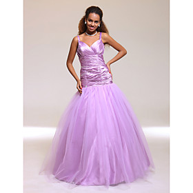 Ball Gown Spaghetti Straps Floor-length Elastic Woven Satin/ Tulle Prom Dress (FSM0468)
