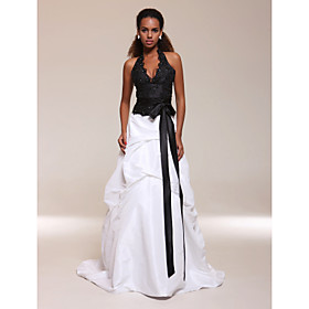Ball Gown Halter Sweep/ Brush Train Taffeta Satin Evening/ Prom Dress (FSM0427)