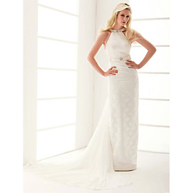 Sheath/ Column Halter Watteau Train Lace Wedding Dress (WSM04584)