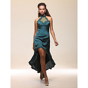 Sheath/ Column High Neck Asymmetrical Stretch Satin Cocktail Dress