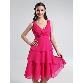 A-line V-neck Knee-length Tiered Chiffon Bridesmaid Dress