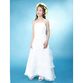 A-line Princess Spaghetti Straps Floor-length Organza Over Satin Junior Bridesmaid Dress
