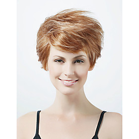Capless Short High Quality Synthetic Natural Look Golden Brown With White Straight Hair Wig