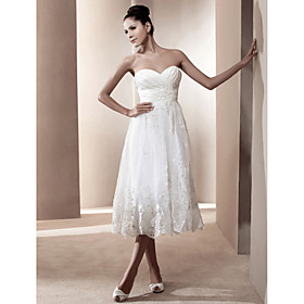 A-line Sweetheart Tea-length Satin Wedding Dress