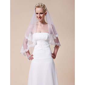 Two-tier Fingertip Wedding Veil With Lace Applique Edge