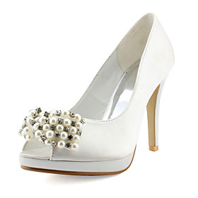 Satin Upper Stiletto Heel Peep Toe/ Pumps With Rhinestone/ Imitation Pearl Wedding Bridal Shoes