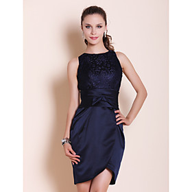Sheath/ Column Bateau Short/ Mini Satin Cocktail Dress