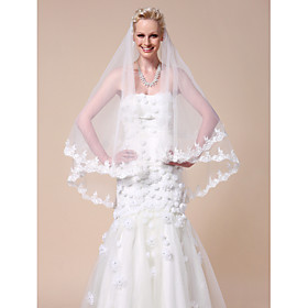 Two-tier Fingertip Wedding Veil With Lace Applique Edge