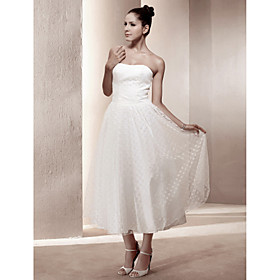 A-line Strapless Tea-length Satin Wedding Dress