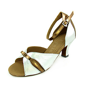 Ballroom White With Metallic Color Belt Leatherette Upper Latin Dance Shoes for Women