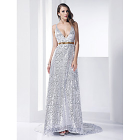 Sequined Sheath/ Column V-neck Court Train Evening Dress inspired by Lea Michele